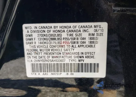 2010 Acura Mdx from USA, damaged, VIN 2HNYD2H25AH533607